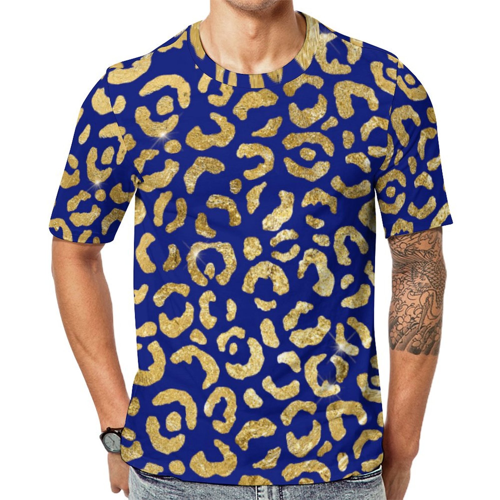 Glam Glitter Print Leopard Navy Blue Gold Faux Foil Short Sleeve Print Unisex Tshirt Summer Casual Tees for Men and Women Coolcoshirts