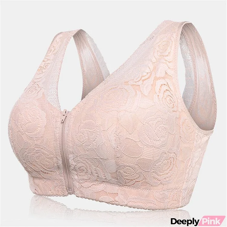 Wireless Rose Lace Front Zip Soft Cotton Lining Sleep Bras - Pink