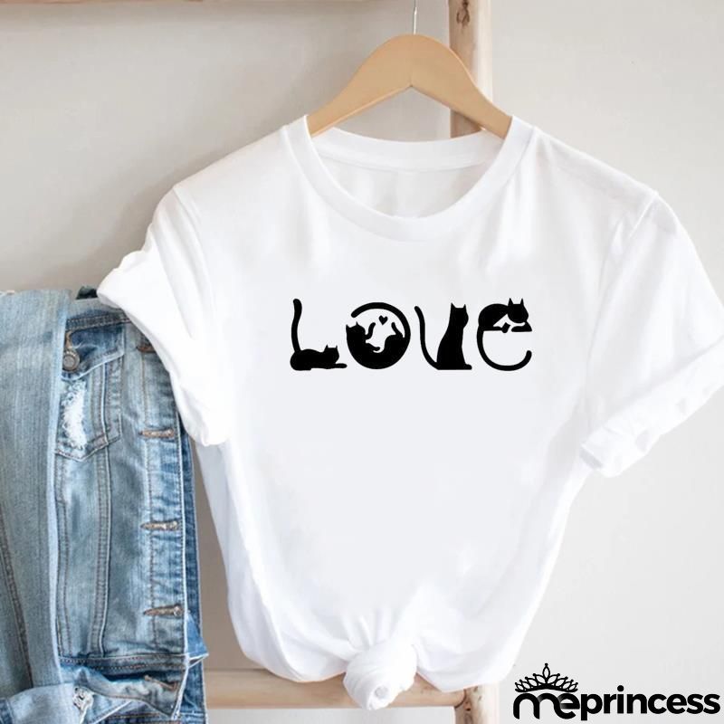 Women Loose Simple Cartoon Cat Footprint Print Round Neck Short Sleeve T-Shirt