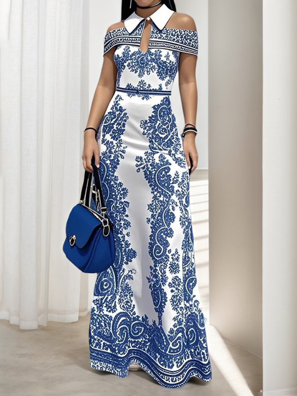Bodycon High Waisted Flower Print Hollow Pockets Cold Shoulder Maxi Dresses BLUE-2XL