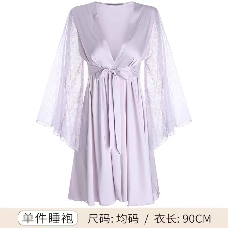 Sdrawing Sdrawing Nightgown Women's Pure-Sensive High-End Sleeprobe 2025 New Spring And Autumn Ice Silk Splicing Lace Bathrobe Morning Robe