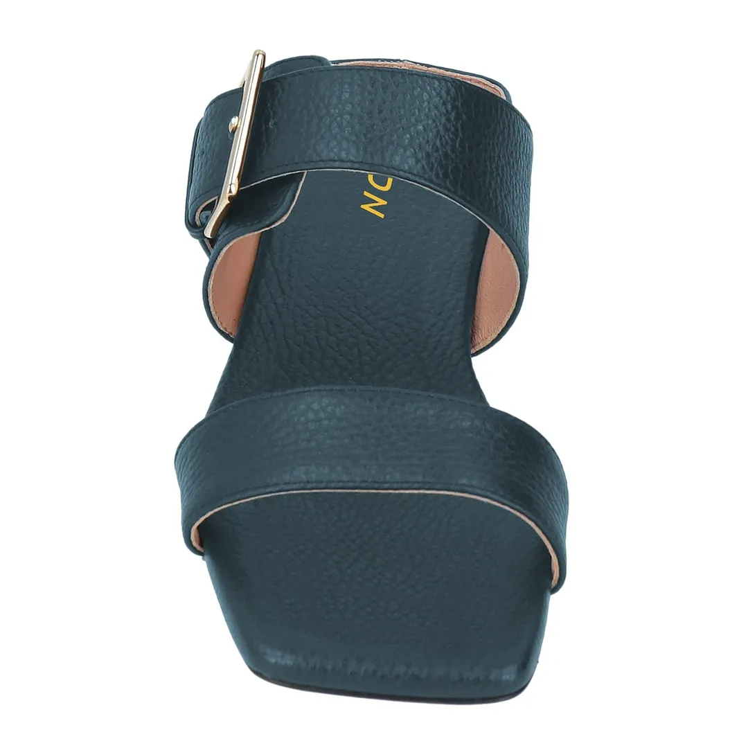 Teal Square Toe Two Straps Flat Slip On Mule Shoes for Women