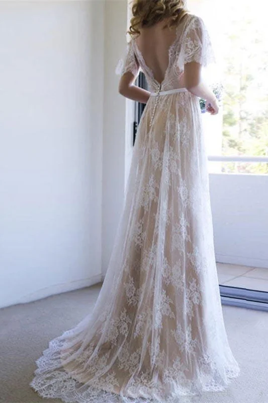 Short Sleeves Lace Boho Wedding Dress PD0331