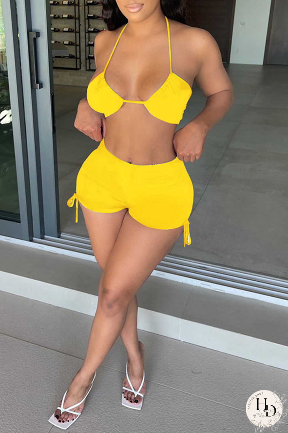 Black Fashion Sexy Solid Backless Halter Sleeveless Two Pieces