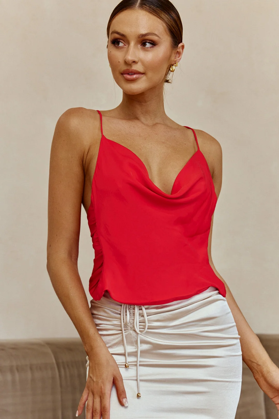 Miss Independent Cowl Neck Crossover Back Top Red