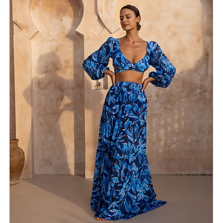Long-sleeved Back-Tie Design Printed Bikini Swimsuit and Skirt