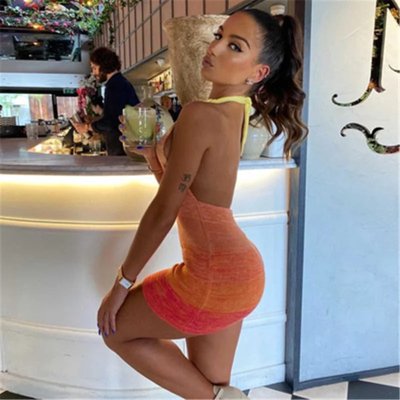 Tossy Summer Gradient Backless Knit Dress Women 2021 New Mini Beach Party Halter Dress Holiday Slim Ladies Stretch Sweater Dress