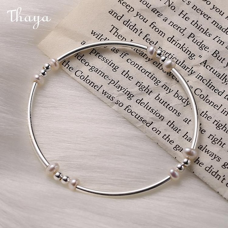 Thaya  925 Silver Pearl Curved Silver Bead Bracelet