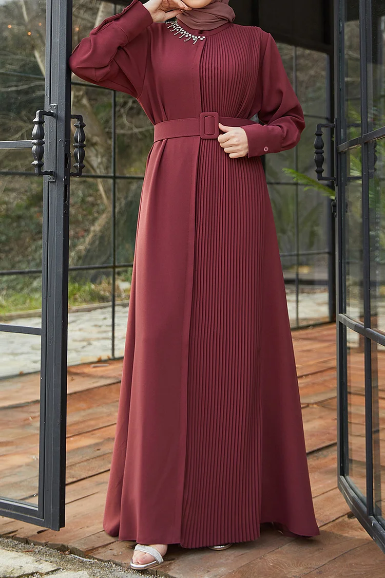 Elegant Studded Decor With Belt Long Sleeve Pleated Maxi Dress