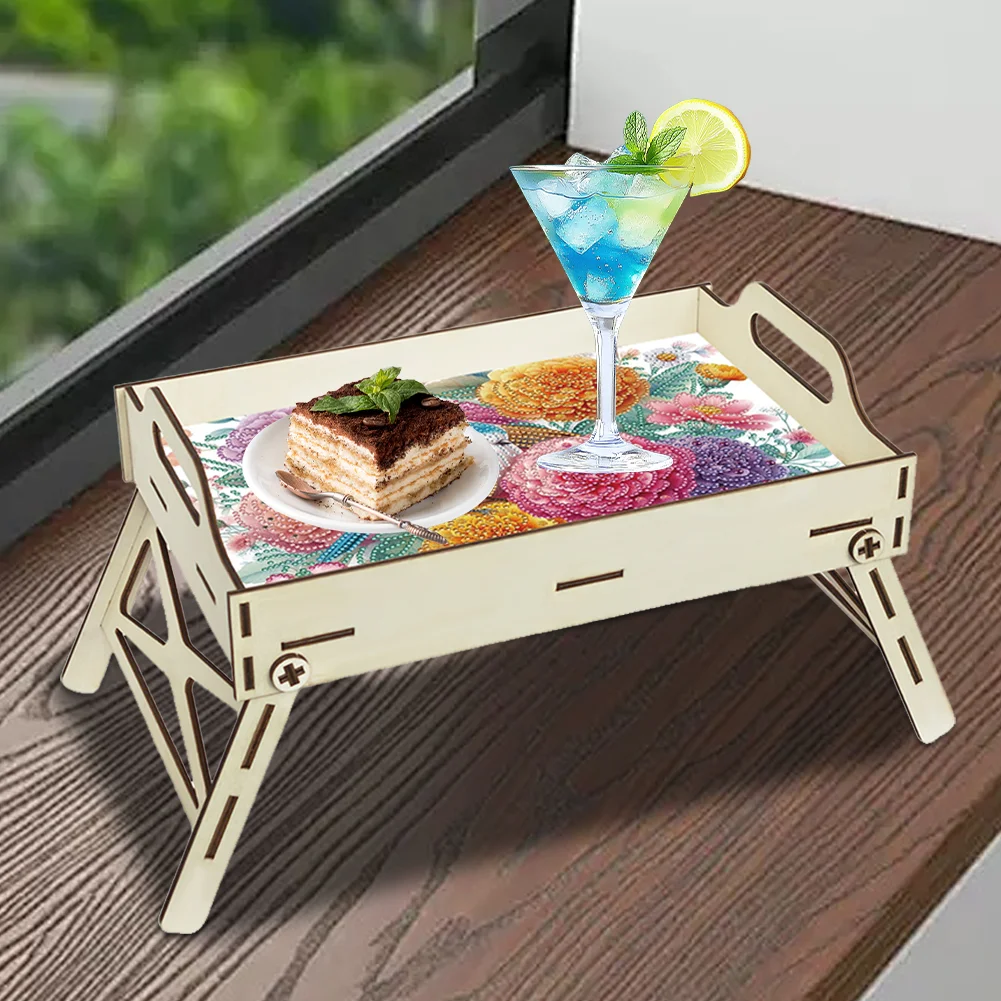 5D DIY Flower-Bird Diamond Painting Serving Tray with Handle for Coffee Table