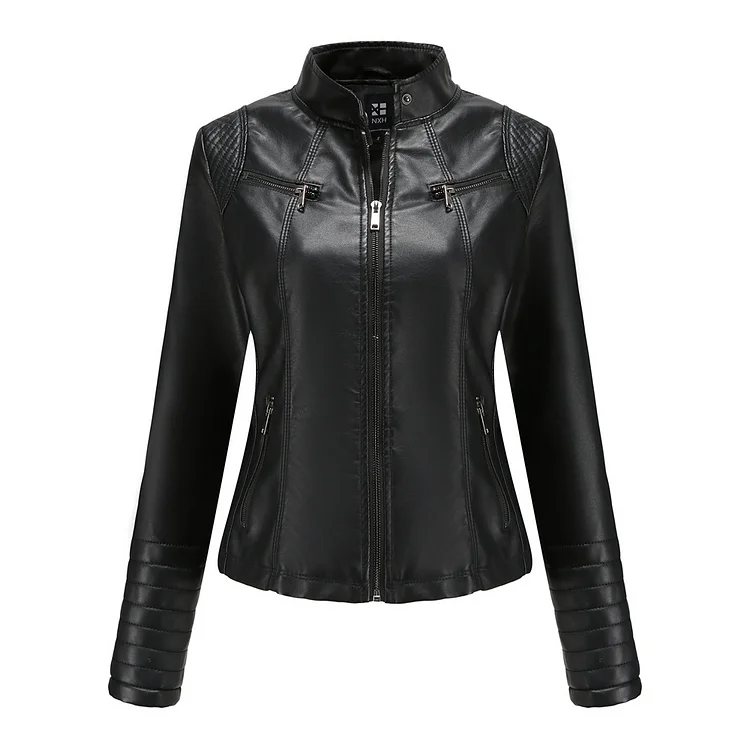 PASUXI New Slim Fit Leather Coat Stand Neck Jacket Coat Spring Autumn Solid Color Bomber Motorcycle Jacket Leather Jacket huanwei