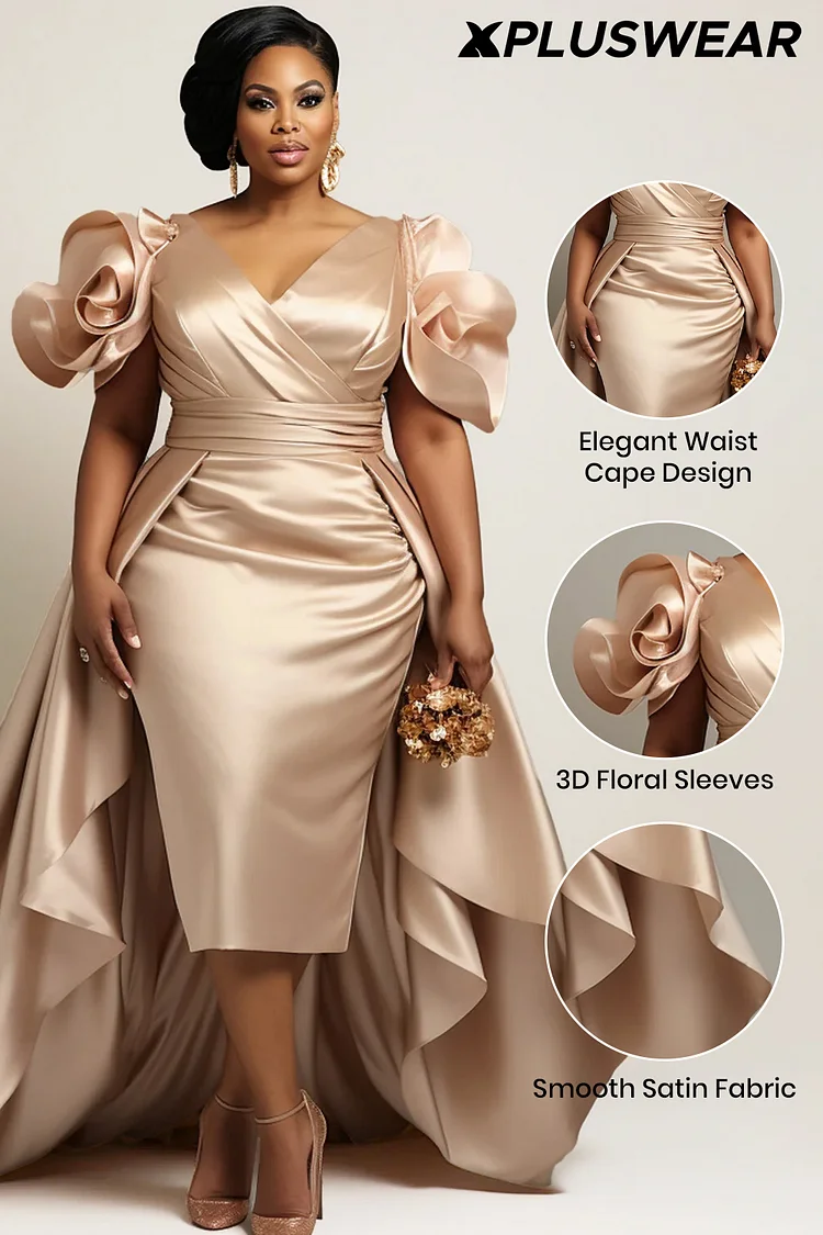Xpluswear Design Plus Size Mother Of The Bride Champagne Short Sleeve Peplum 3D Satin Midi Dresses