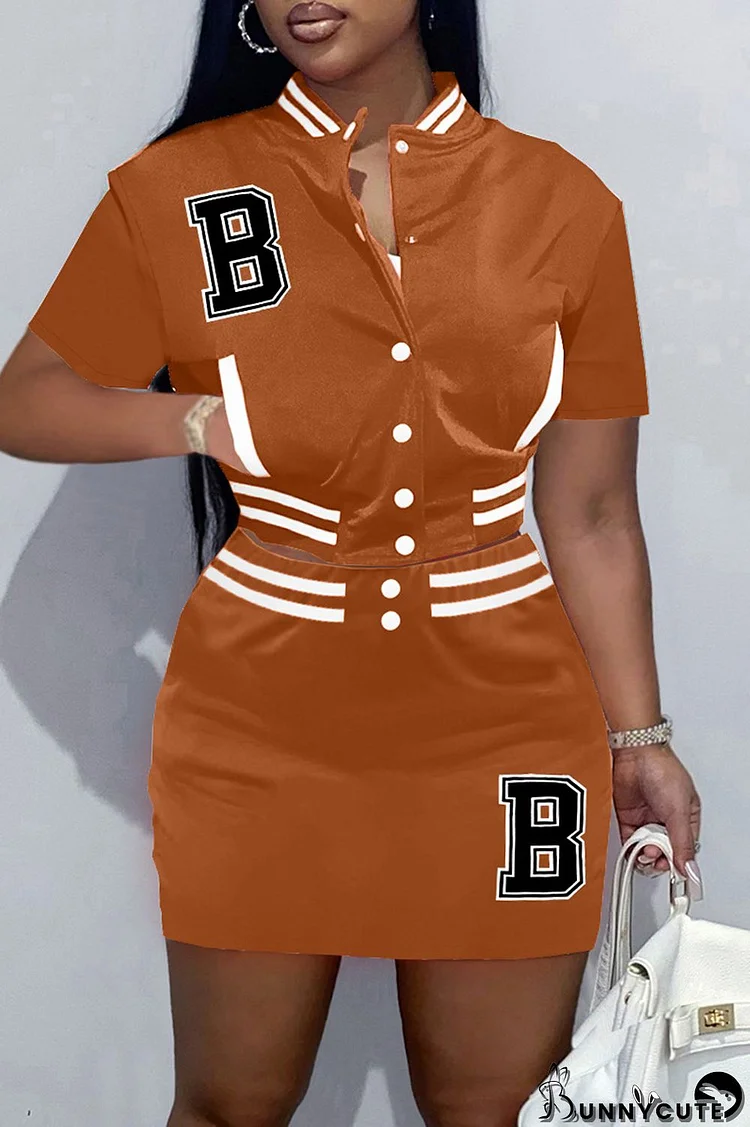 Coffee Fashion Casual Letter Embroidery Patchwork O Neck Short Sleeve Two Pieces
