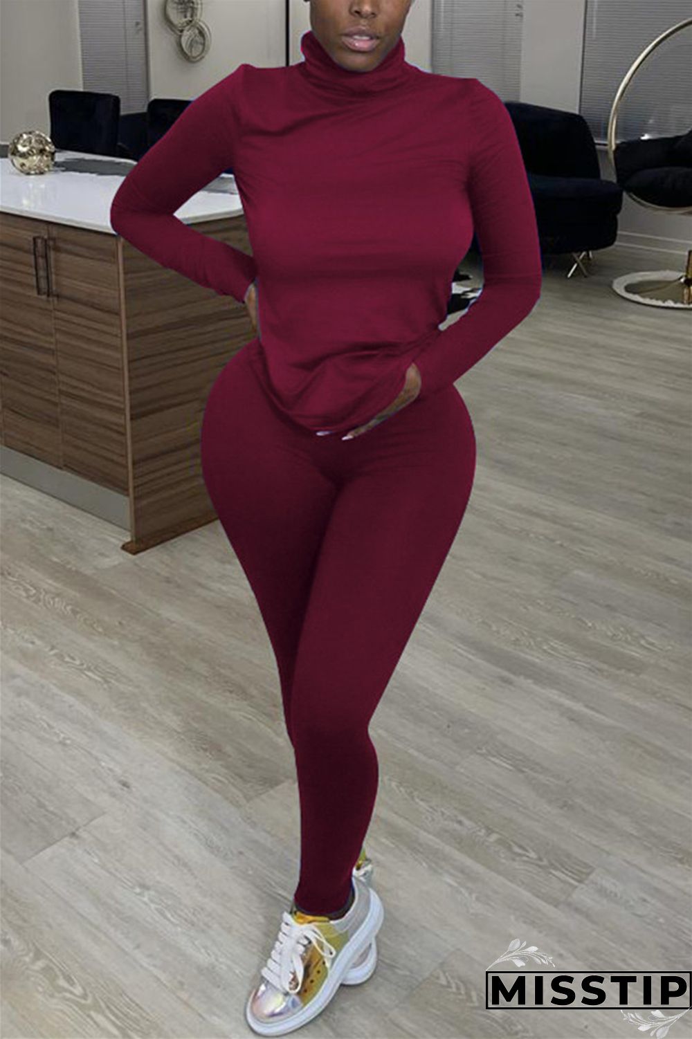 Tibetan Blue Casual Solid Basic Turtleneck Long Sleeve Two Pieces