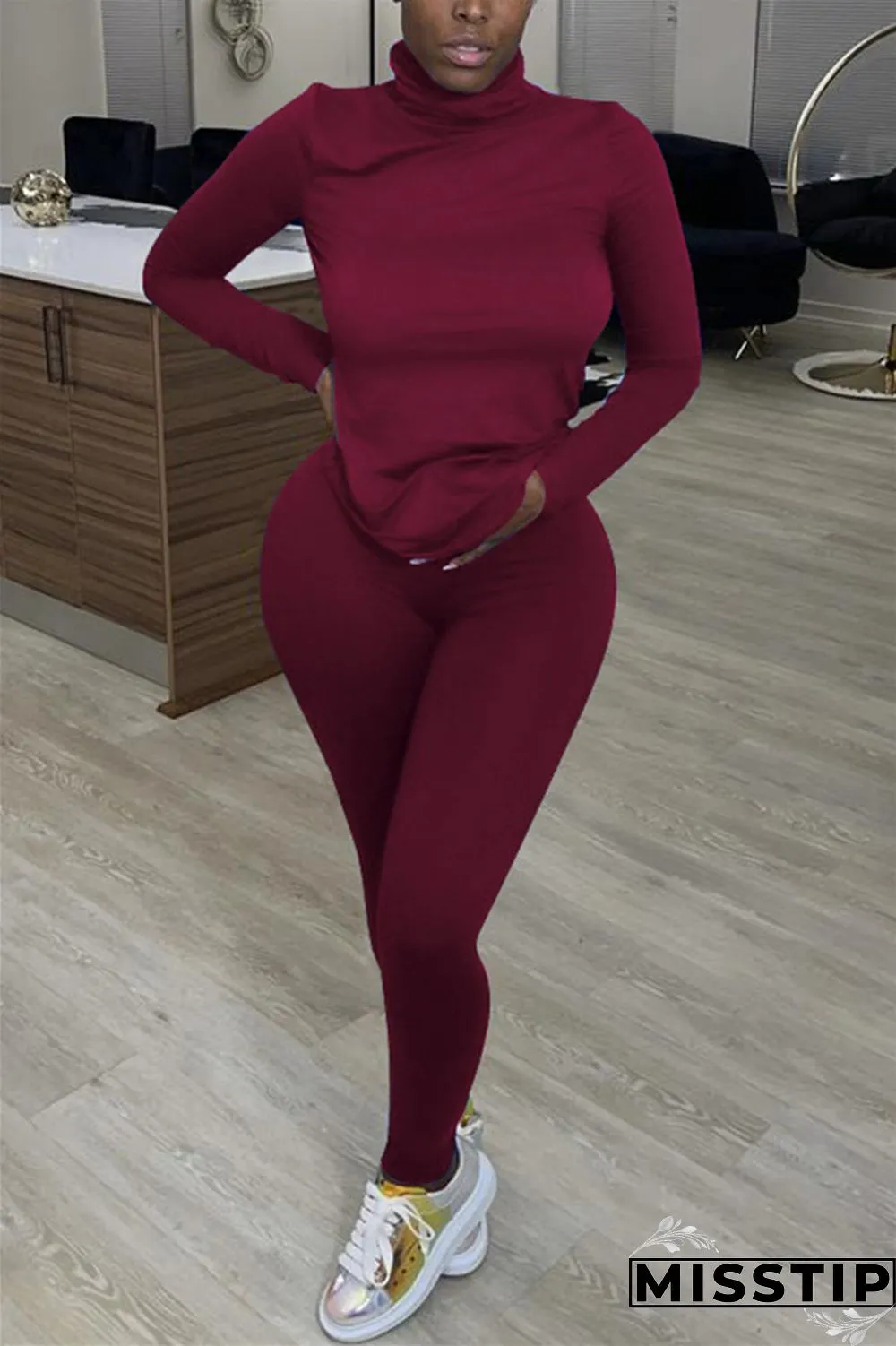 Tibetan Blue Casual Solid Basic Turtleneck Long Sleeve Two Pieces