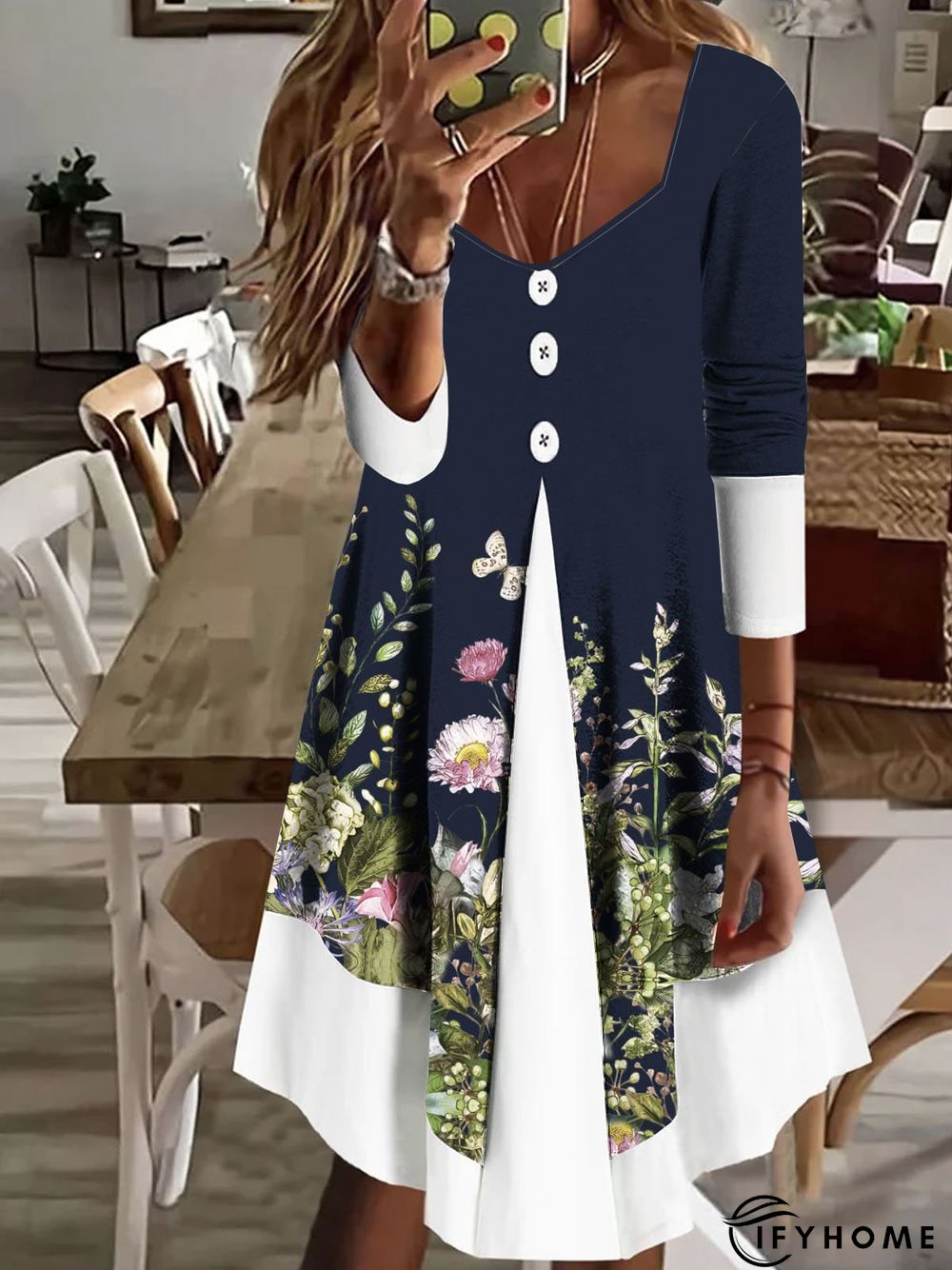 Blue Floral Casual Fluff/Granular Fleece Fabric Buckle Dress | IFYHOME