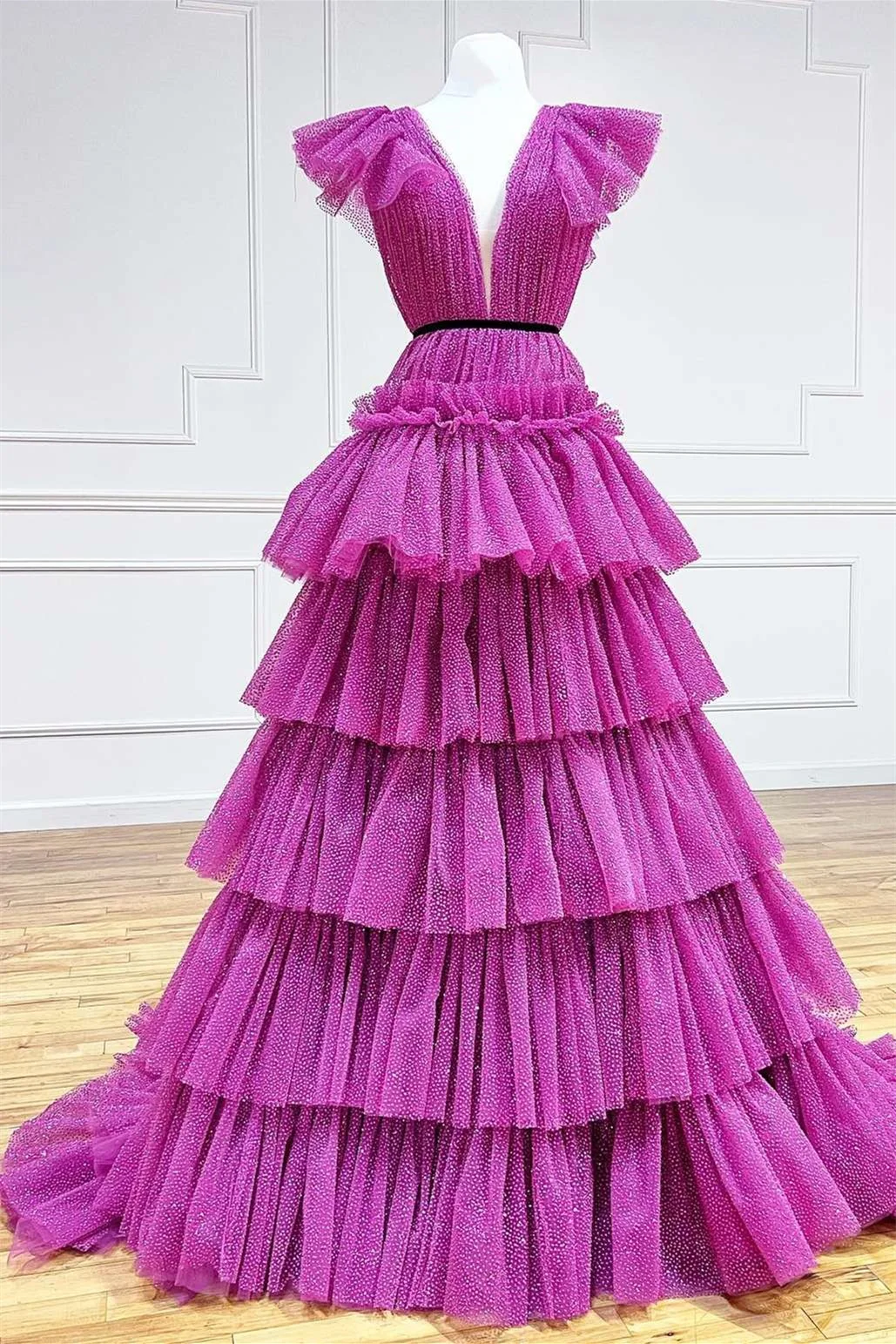 Bellasprom Hot Pink V-Neck Sleeveless A-Line Prom Dress With Tulle Layers