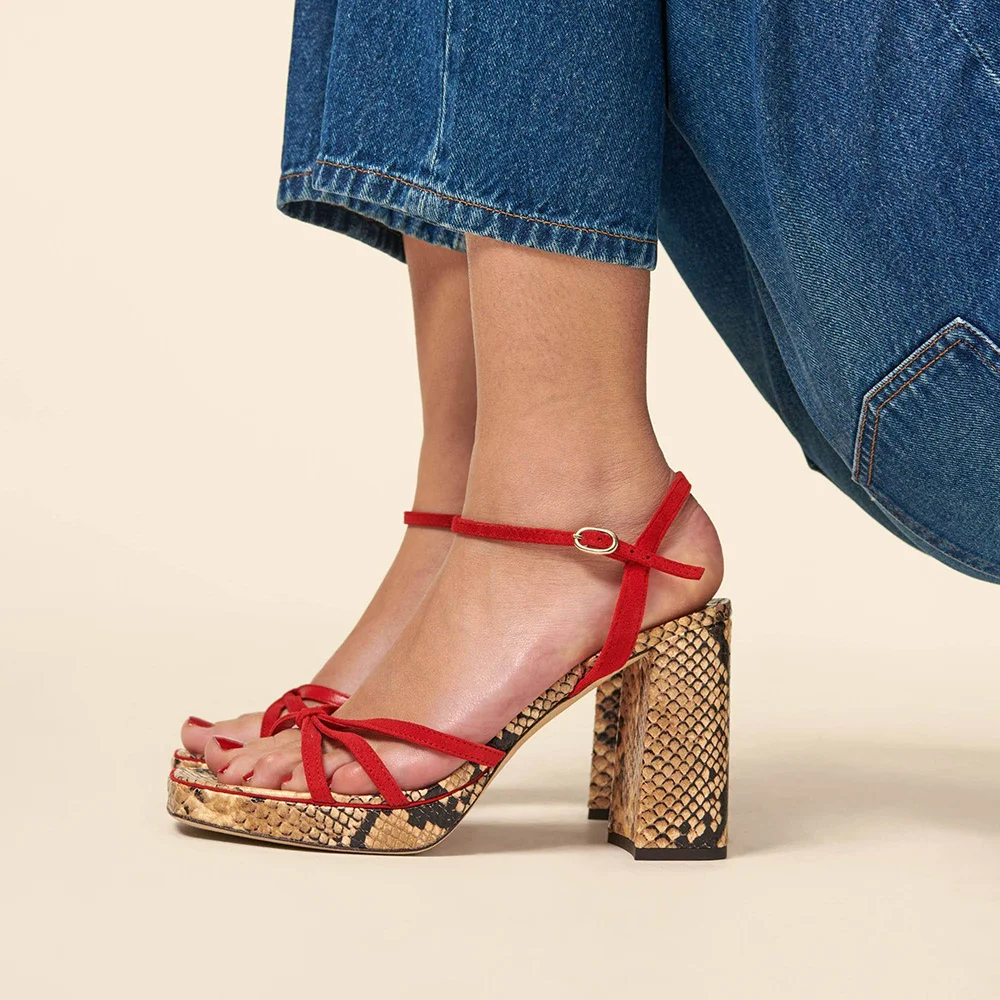Red Suede Python Opened Toe Ankle Strappy Platform Sandals With Chunky Heels Nicepairs