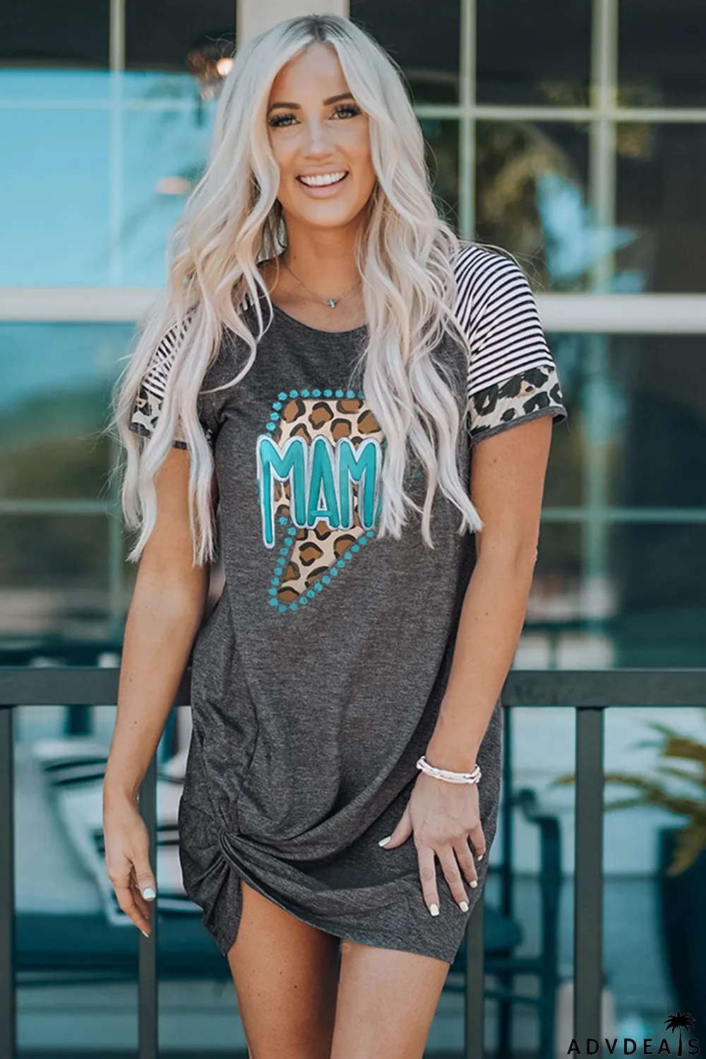 Gray MAMA Leopard Graphic Contrast Sleeve Dress