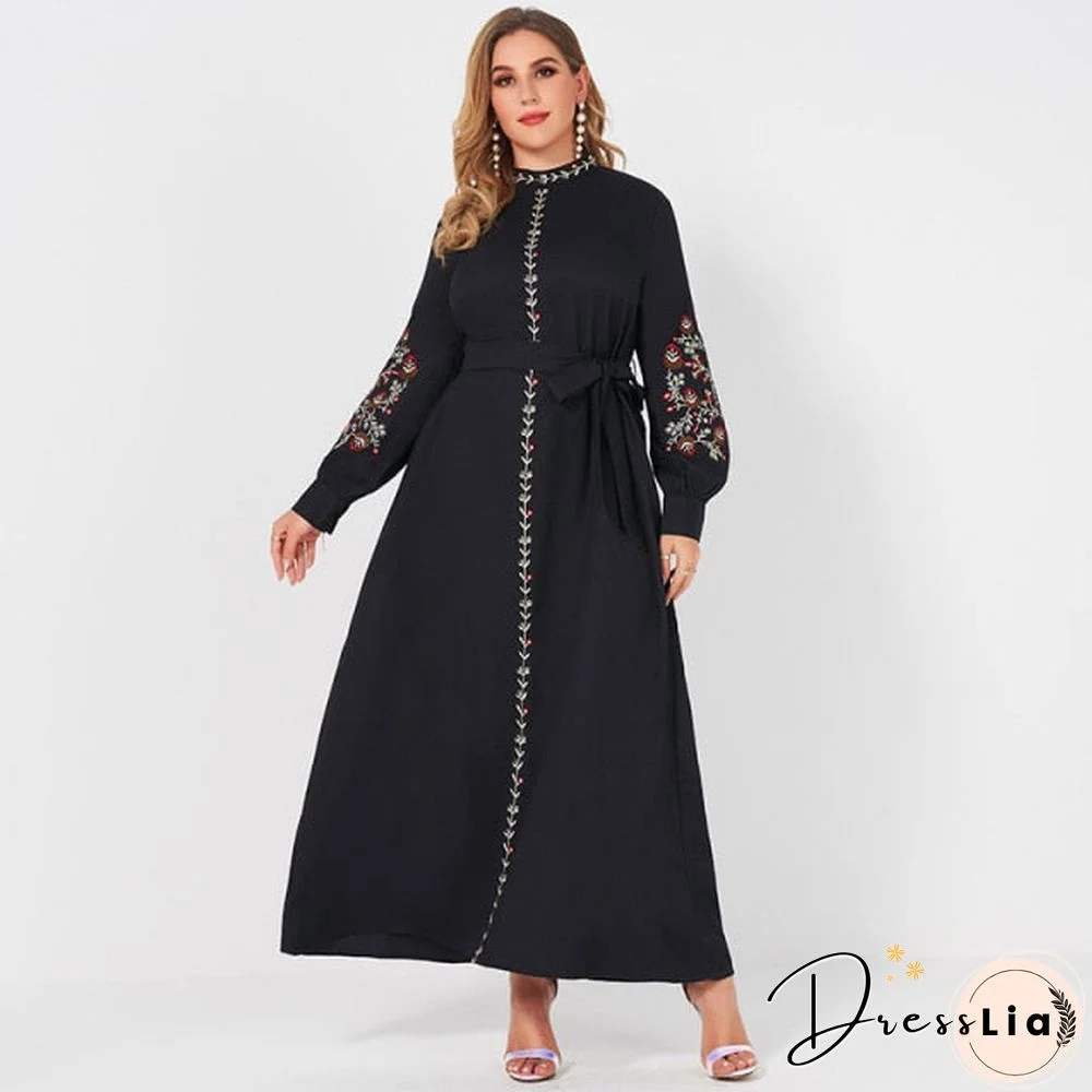 Ladies Fashion Resort Small Stand Collar Floral Embroidery Long Sleeve Loose Belt Sweet Elegant Woman Black Party Maxi Dress 4Xl