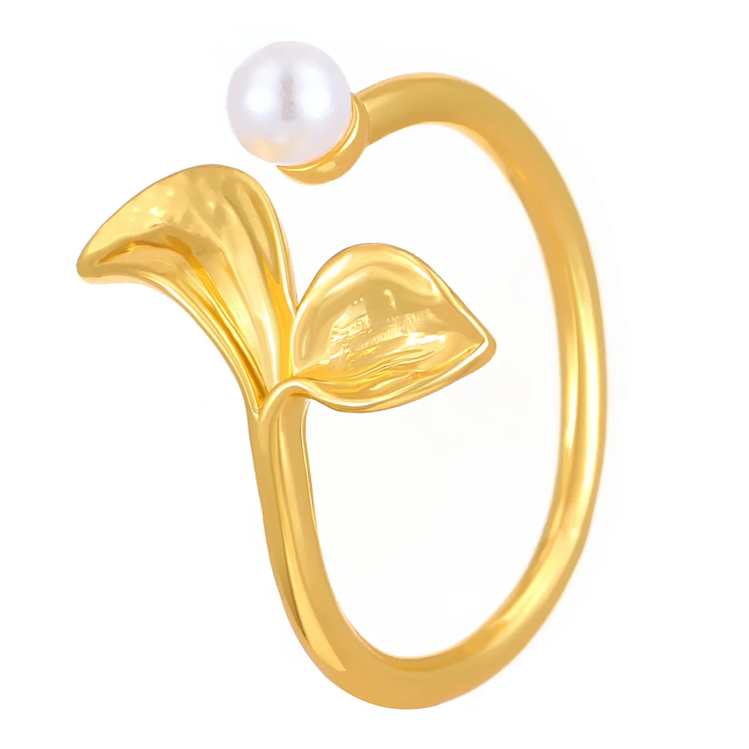 Leaf pearl open-ended gold-plated ring