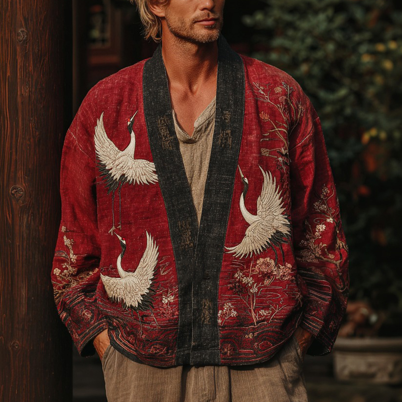 Japanese Cranes With Floral Art Linen Blend Kimono Cardigan  artssus