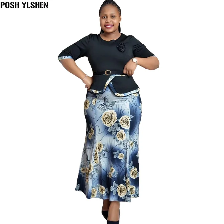 Christmas Two Piece Set Tops Skirt African Dresses For Women 2XL-6XL Plus Size Clothing Dashiki Robe Femme Party African Clothes QueenFunky