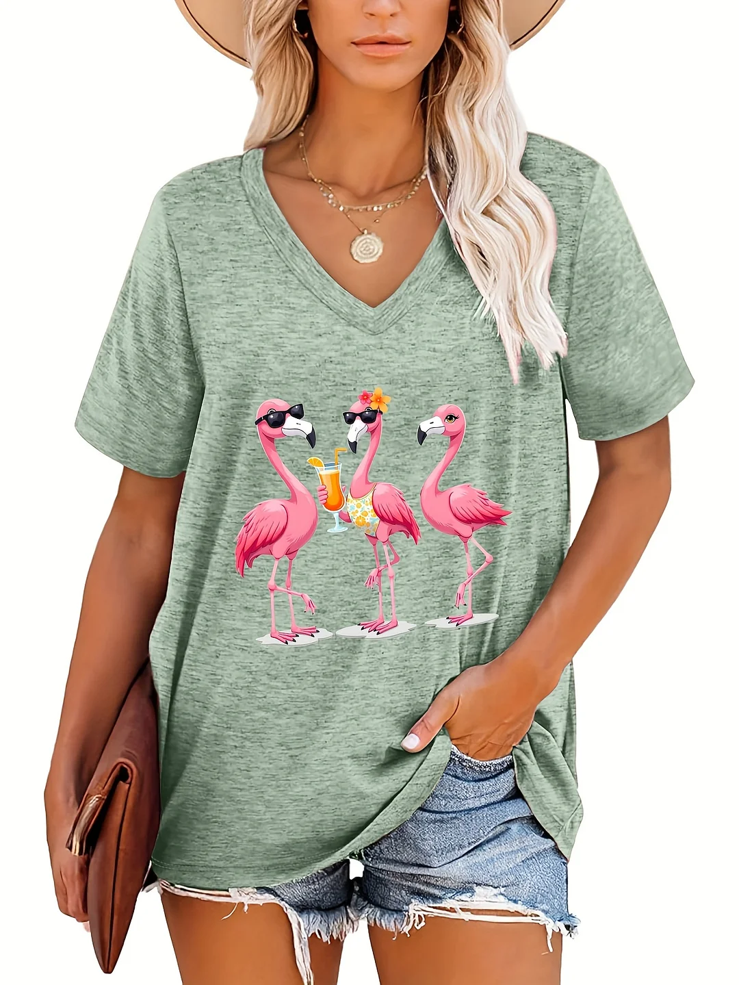 Plus Size, Plus Size Women's Casual V-Neck T-Shirt - Loose Fit Drop Shoulder Short Sleeve Top With Tropical Flamingo & Cocktail Graphic Print, Breathable Machine-Washable Fabric For Beach Outings & Summer Casual Wear, Relaxed Fit Top, Playful Graphic Tee | IFYHOME