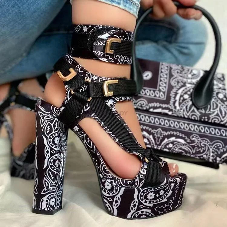 Vstacam Back to school New Women Shoes Open Toes High Heels Slides Velcro Plus Size Sandals With Fashion Slippers And Printed Cross-Tied  Casual Print