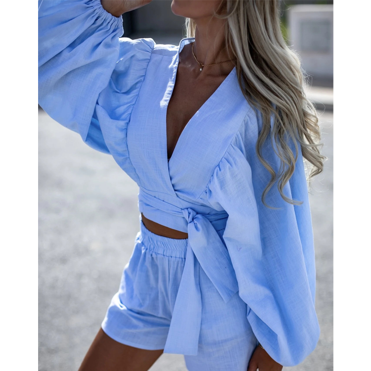 V Neck Lace Up Solid Color Shorts Two Piece Set
