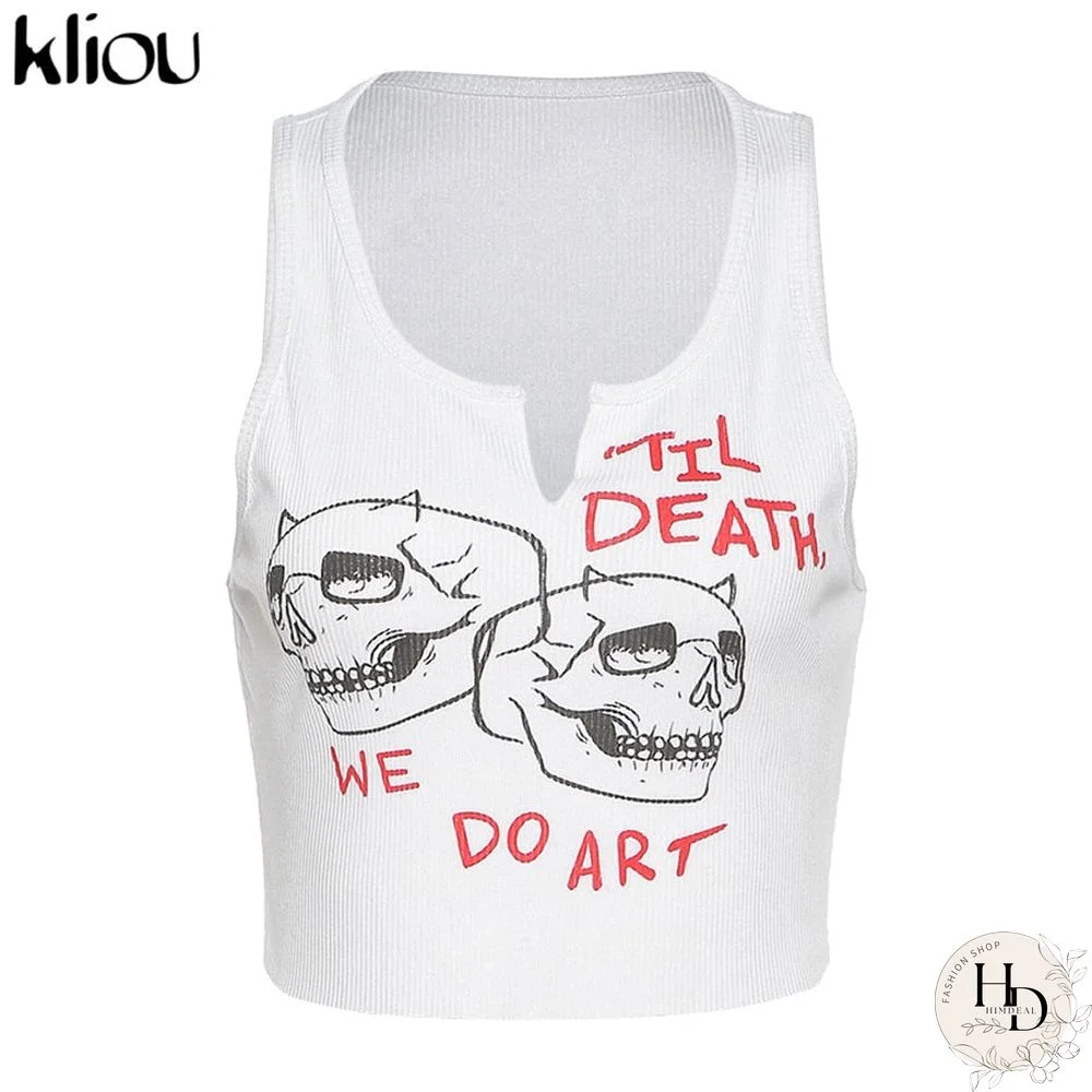 Kliou Aesthetic Graphic Cyber Y2K Streetwear Women Chic Sleeveless Activity Tank Tops Harajuku Skinny Crop Tops Camisole