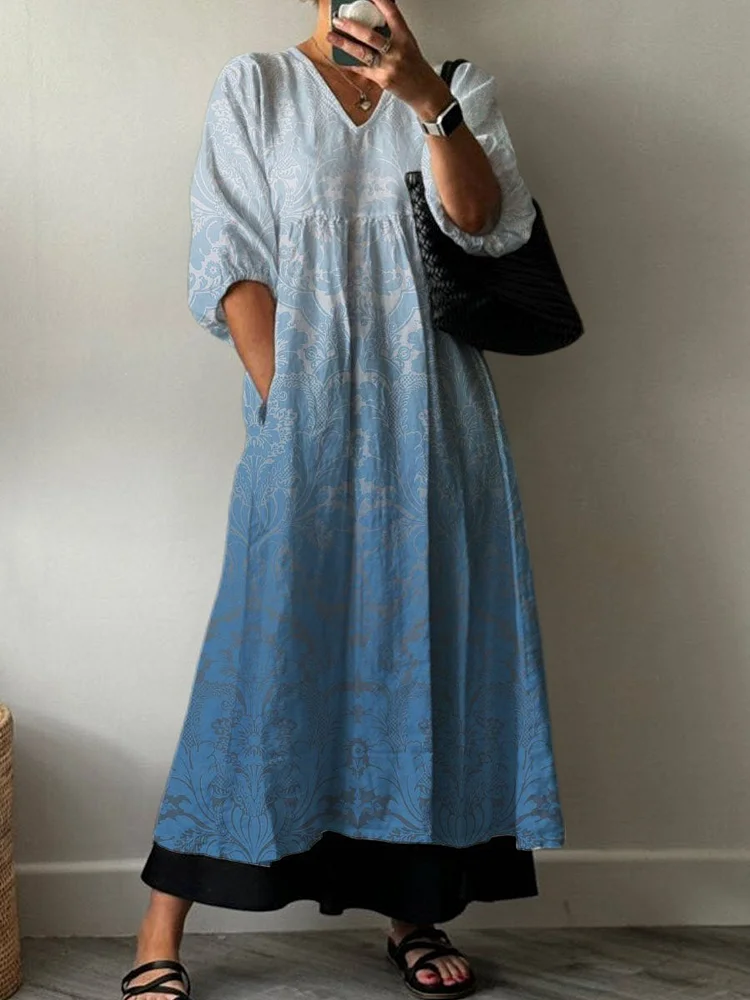 Women's Vintage Lovely Floral Pattern Art Print Pocket V-neck Cotton Dress