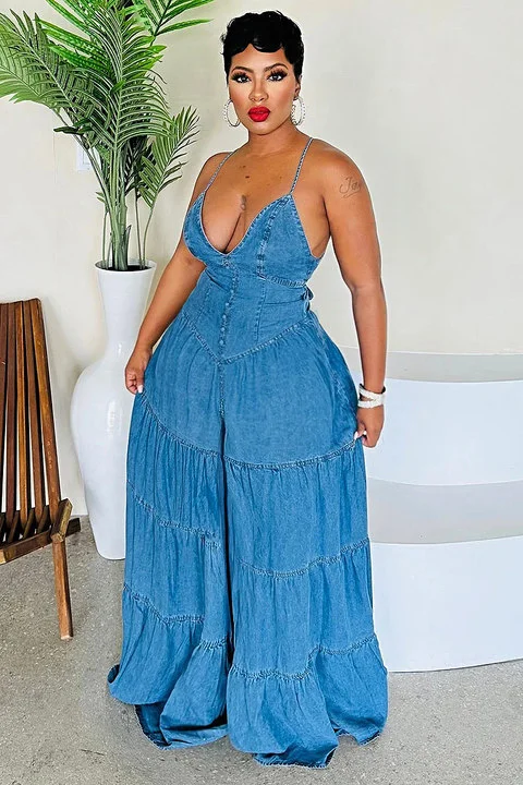 V Neck Multiple Cami Quilted Denim Vacay Wide Leg Jumpsuit-Blue [Pre Order]