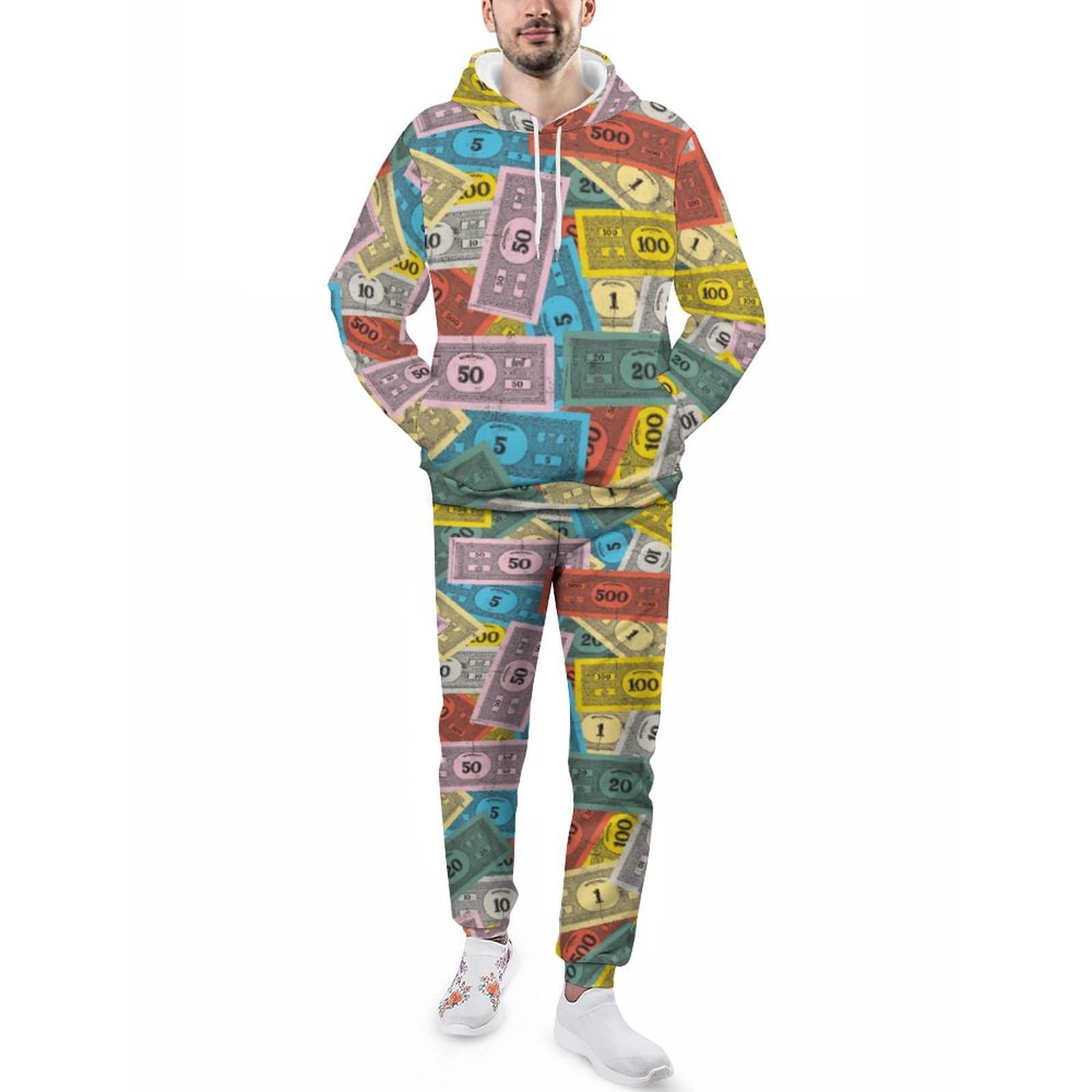 Vintage Monopoly Money Men's Tracksuit 2 Piece Hoodie Sweatsuit Sets Guys Streetwear Jogging Athletic Suits S-5Xl