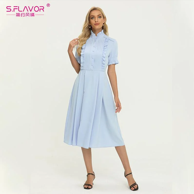 Jangj S.FLAVOR Women Sky Blue Ruffle Short Sleeve Midi Sundress Single Button Pleated Working Dress For Female Summer Casual Clothes