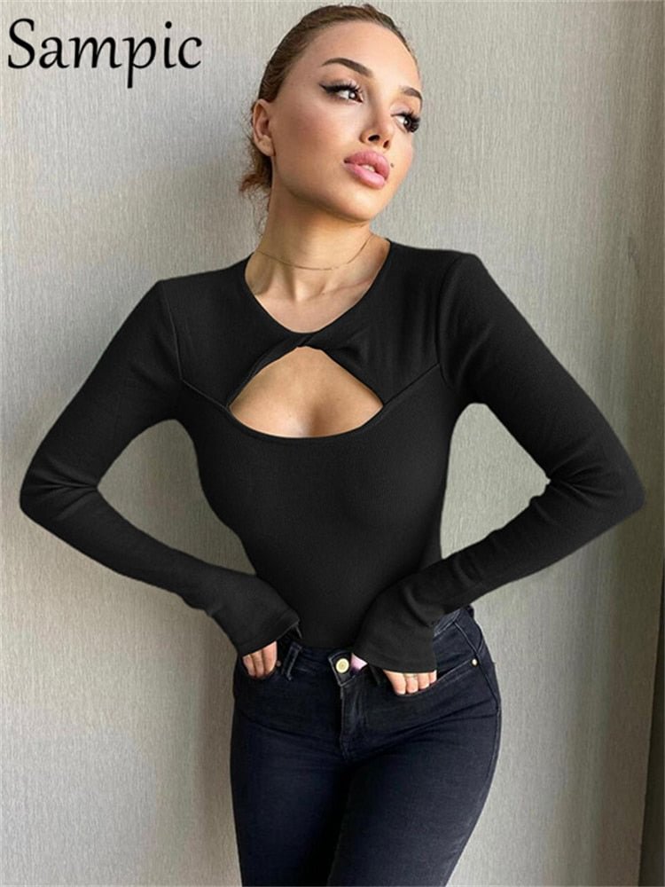 Sampic 2022 New Year Women O Neck Hollow Out Skinny Casual Knitted Ribber Bodysuit Fashion Basic Sexy Club Long Sleeve Body Tops