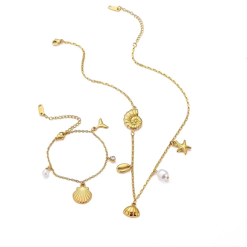 Marine Style Cool Style IG Style Starfish Ocean Shell 304 Stainless Steel Zircon 18K Gold Plated Polishing Pearl Inlay Bracelets Necklace