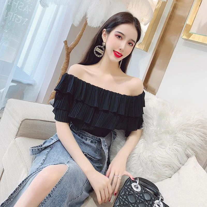 Jangj Summer New Korean Version Ruffled Short Sleeve T-shirts Fashion Slash Neck Solid Color Patchwork Simple Women's Clothing