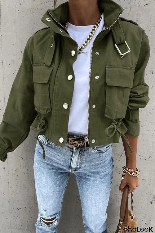 Buckle Pockets Drawstring Cropped Jackets