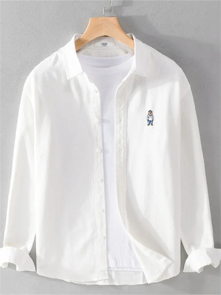 Men's Spring and Autumn Casual Cotton Long Sleeve Shirt Embroidery Shirt