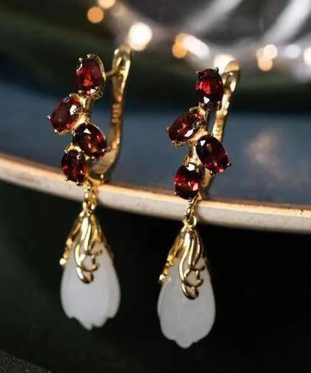 Fashion Mulberry Stainless Steel Glass Inlaid Jade Garnet Drop Earrings