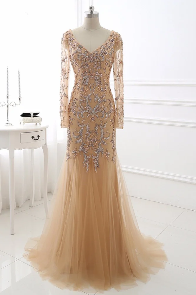 Daisda Beautiful Champagne V-Neck Long Sleeves Evening Dress Mermaid Tulle Ruffles with Beadings Rhinestones