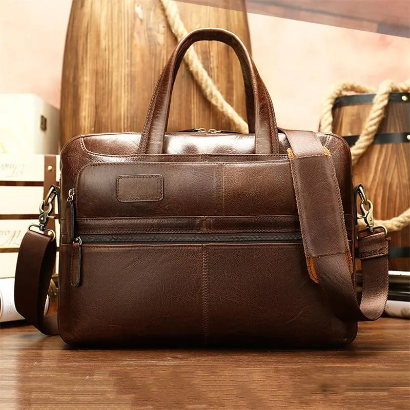 Casual Business Solid Color Handbag 15.6-Inch Computer Bag Leather Crossbody Bag