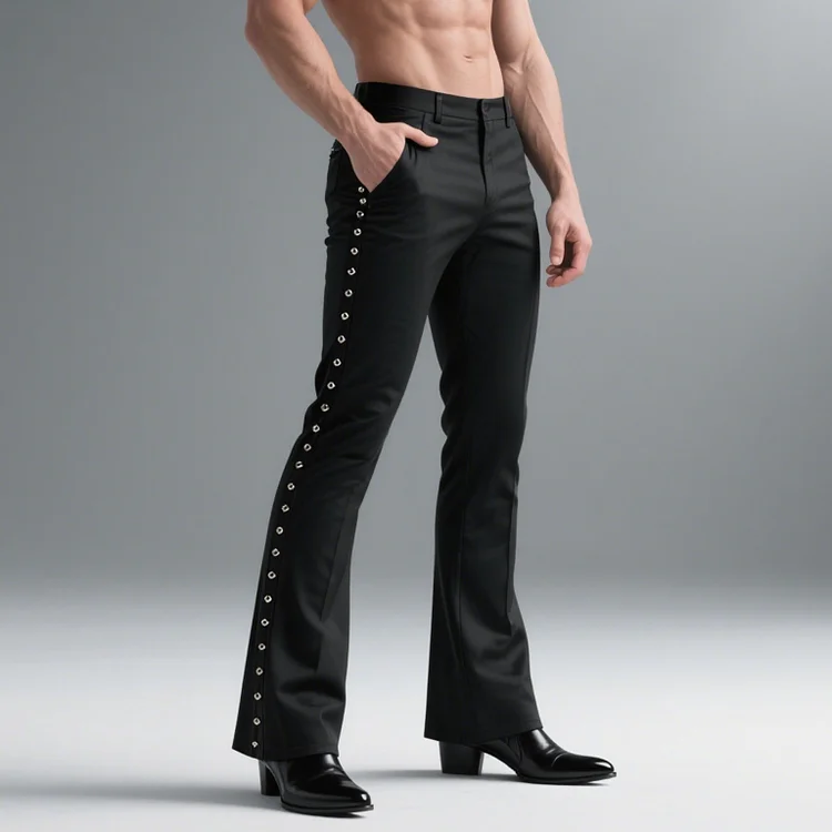 Okaywear Side Rivet Slant Pocket Mid Rise Flare Leg Pants 