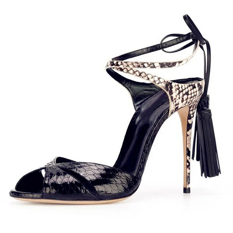Black Python Peep Toe Heels Fringe Strappy Sandals for Women |FSJ Shoes