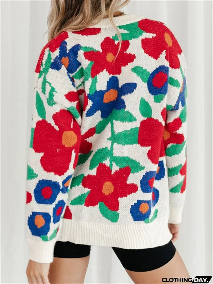 Casual Round Neck Floral Pullover Sweater