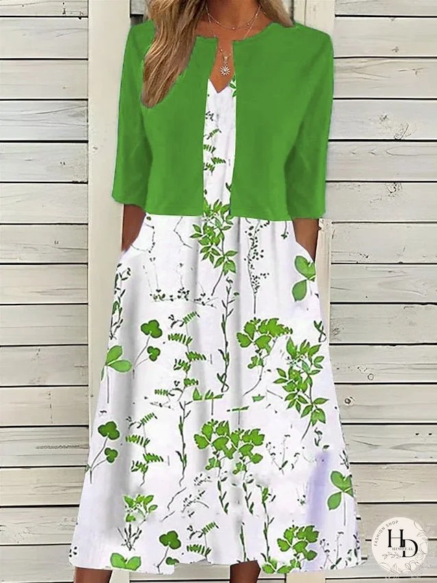 Women's Two Piece Dress Set Casual Dress Print Dress Daily Vacation Fashion Elegant Pocket Print Midi Dress Crew Neck Half Sleeve Floral Regular Fit Black Navy Blue Green Summer Spring S M L XL XXL