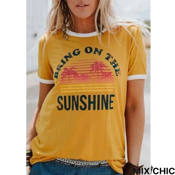 Plus Size Women Short Sleeve Bring On The Sunshine Print O-Neck T-Shirt Tops Tee