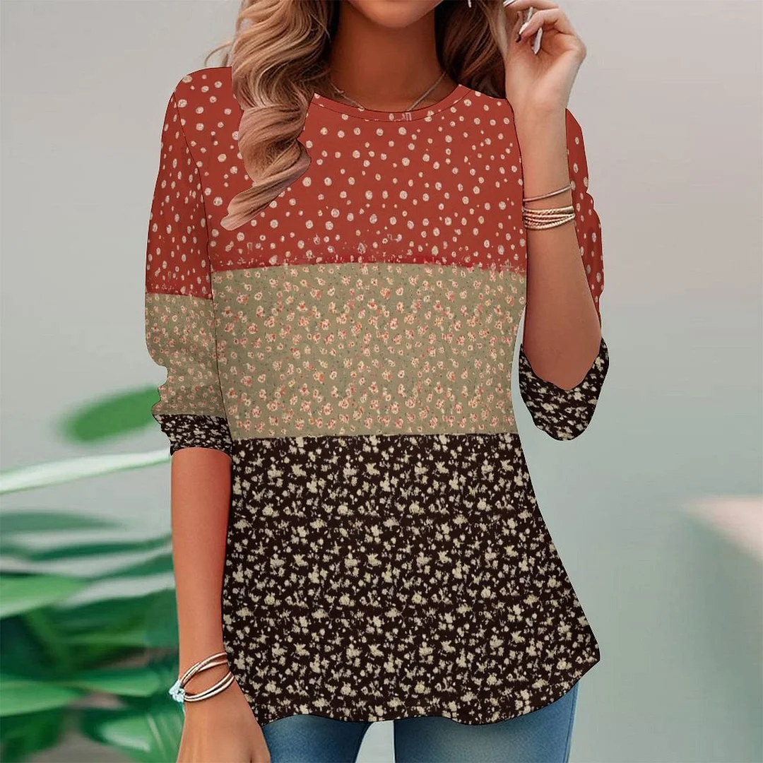 Vintage Printed Long Sleeve Plus Size Tunic for  Women and Men Unisex Pattern Floral,Polka Dot,Red,Light Coffe,Navy,Stitch