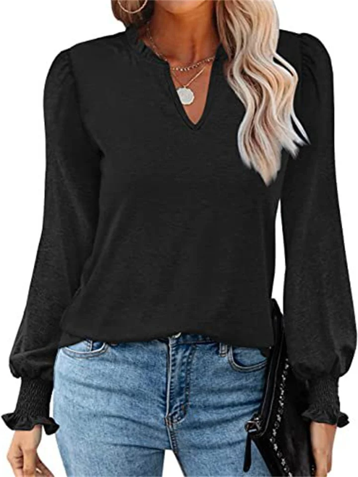 Wooden Ear Edge V-neck Pleated Bubble Sleeve Casual Long-sleeved T-shirt-Cosfine